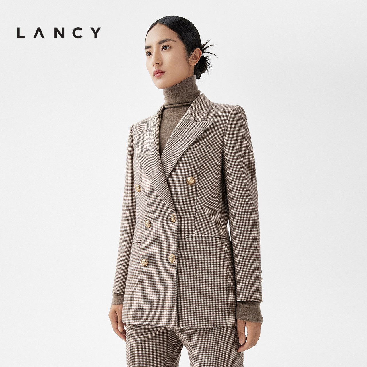 LANCY/朗姿2023秋冬新款千鸟格纹职业西装外套高级感女士西服穿搭