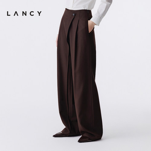 LANCY/朗姿2025冬新款高级感羊毛高腰阔腿西装裤女设计感通勤长裤 - 图1