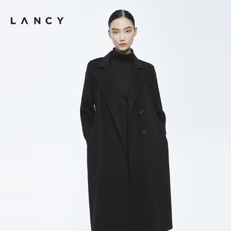 LANCY/朗姿羊毛大衣2022冬季新款中长款黑色职业高级感通勤外套