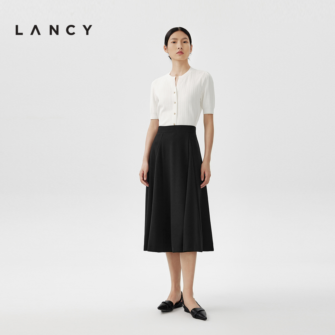 LANCY/朗姿2024春季新款赫本风A字伞裙中长款气质修身黑色半身裙-图0