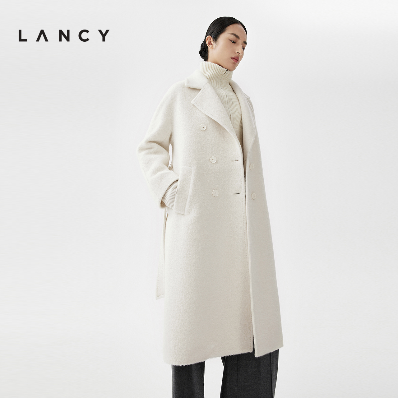 LANCY/朗姿2023秋冬新款白色气质羊驼毛双面呢大衣系带品牌厚外套