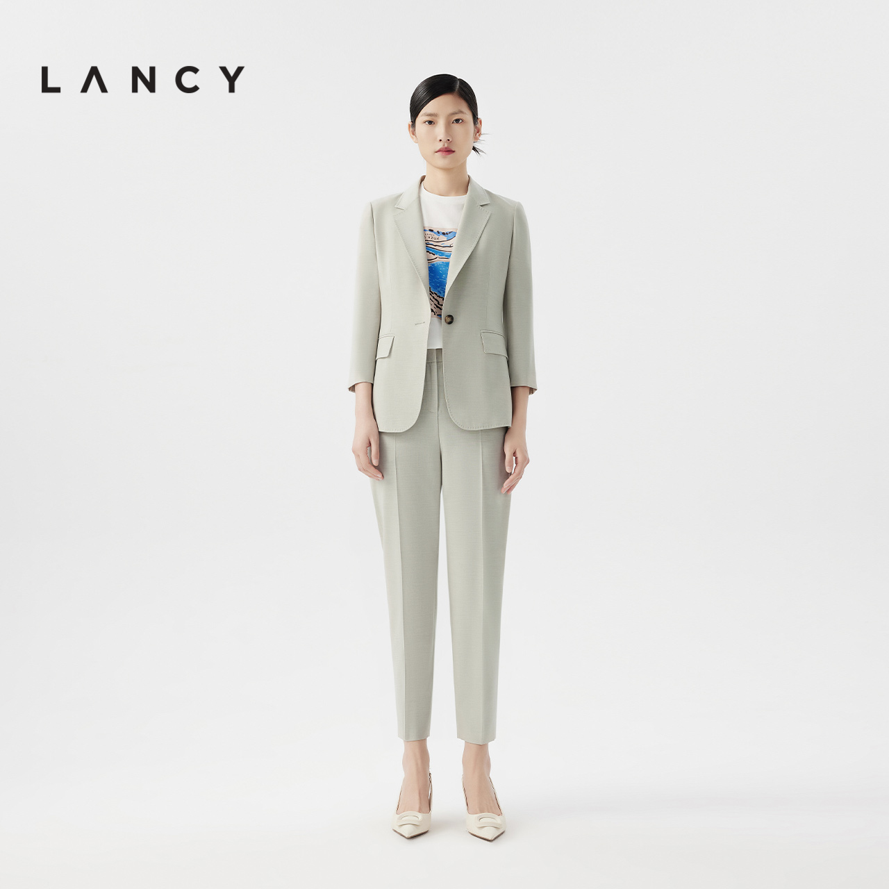 LANCY/朗姿2024夏季新款简约通勤萝卜裤气质高腰修身九分西装裤女 - 图0