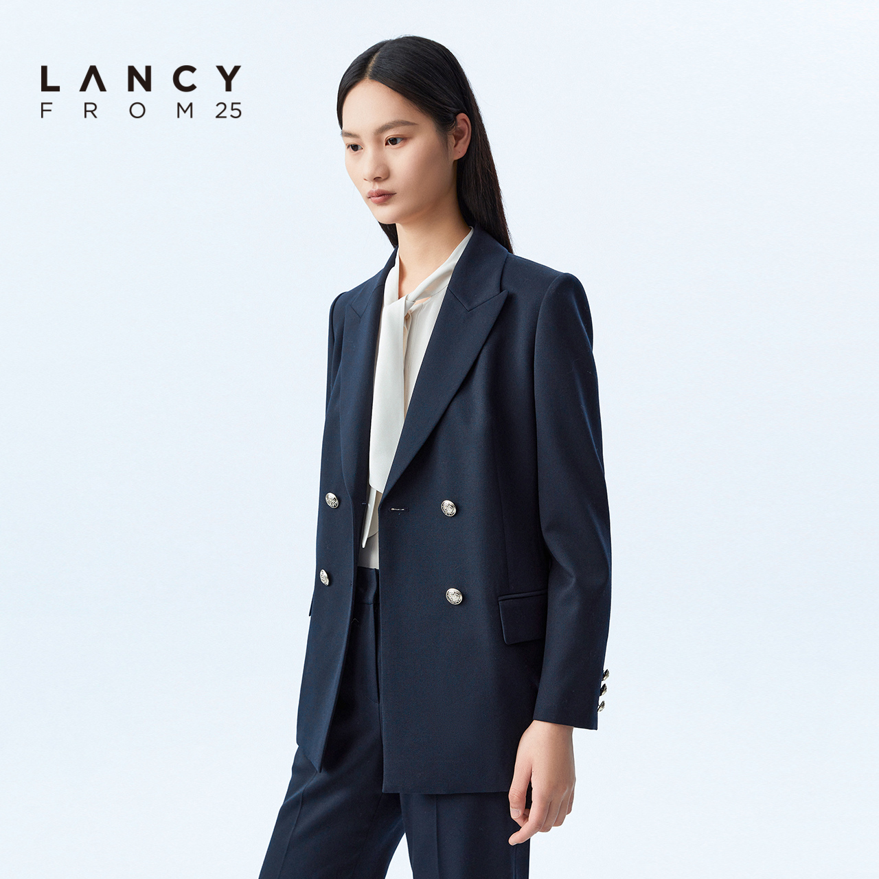 LANCY/朗姿春季新款职业中长款西装外套气质收腰范西服羊毛正装女