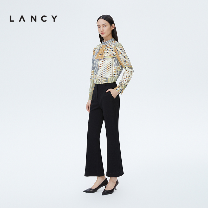 lancy/朗姿2022秋季新款黑色西装裤子女高腰针织裤高级通勤女装 - 图0