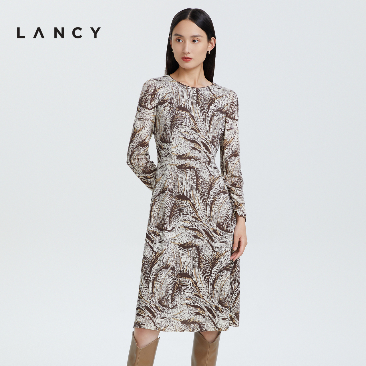 LANCY/朗姿秋冬新款羊毛连衣裙圆领提花长袖高级感收腰显瘦裙子女