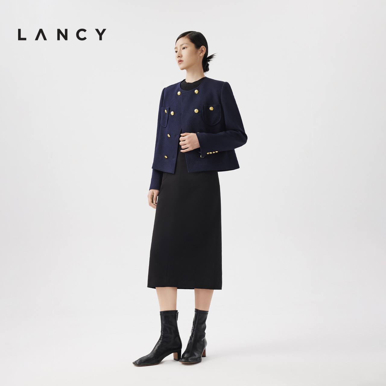 LANCY/朗姿2024春季新款醋酸圆领小香风短外套正肩长袖短款上衣女