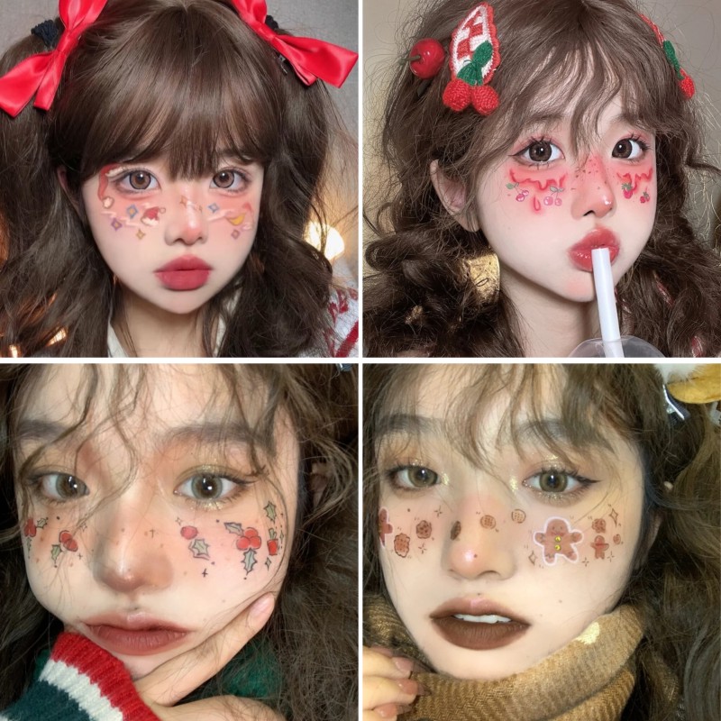 圣诞节纹身贴 少女可爱腮红爱心妆容脸贴 甜美雪花麋鹿姜饼人妆容