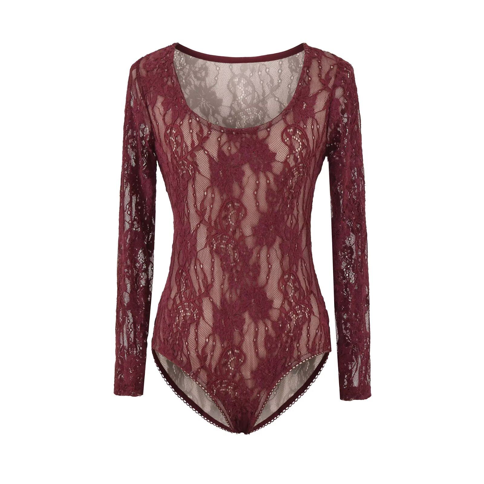 设计感浮雕钩花蕾丝低圆领长袖连体衣女纯欲风修身显瘦内搭打底衫,淘宝优惠券,粉丝福利购,淘宝优惠卷