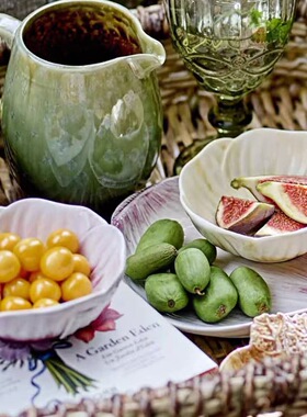 FQR LIVING丹麦Bloomingville手工制作绘画陶器紫色白色含羞草碗