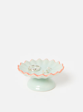 FQRLIVING英国OLOVERBONAS手工制作绘画陶器蓝色荷叶边底座饰品盘