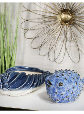 FQR LIVING英国CHRISTMAS CENTRAL手工制作陶器雕刻河豚雕像摆件