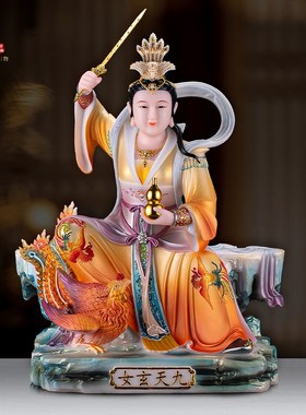 保真速发b九天玄女神像九天娘娘汉白玉彩绘家用佛堂桌面摆件玄母