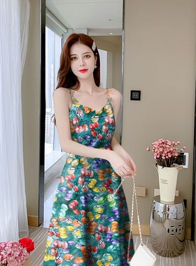 现货中长款小吊带连衣裙子女装夏季新款印花吊带无袖打底内搭收腰