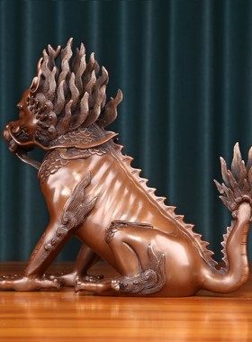 保真速发紫铜獬豸麒麟p一对瑞兽摆件办公室装饰品摆设家居饰品开