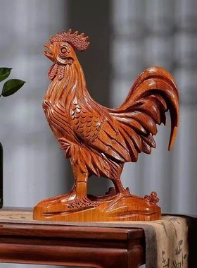 速发红花梨木雕鸡摆件根雕大居二生肖实木质雕饰家十装刻品工艺品