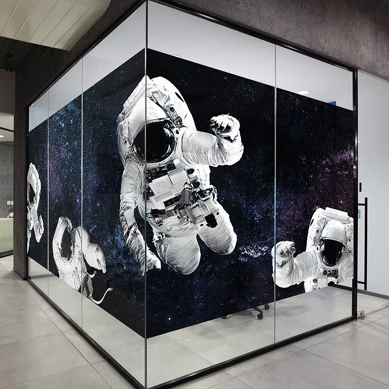 速发办公室磨断玻璃贴画太空宇贴员装饰隔砂静电玻璃航门贴纸 - 图1