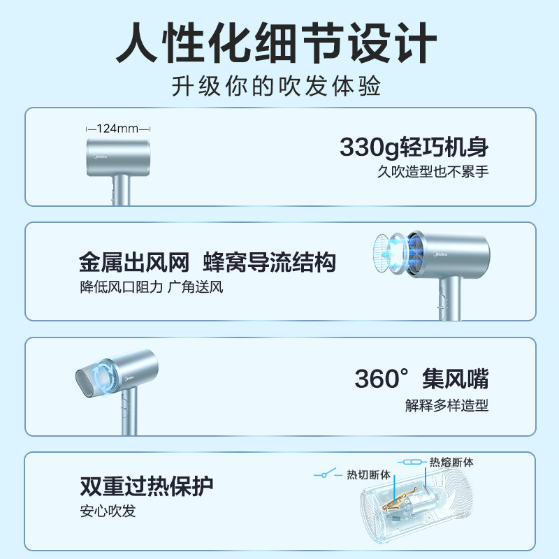 【国补15%】美的吹风机家用负离子速干电吹风大风力护发风筒MD02
