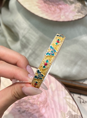 燕归蝶仙珐琅24k描金足银手镯