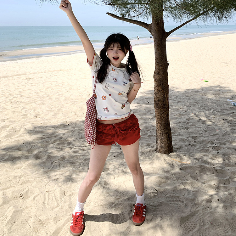 GTGA 2025夏季新款美式辣妹纯色百褶短裤女夏季直筒休闲显瘦热裤,淘宝优惠券,粉丝福利购,淘宝优惠卷