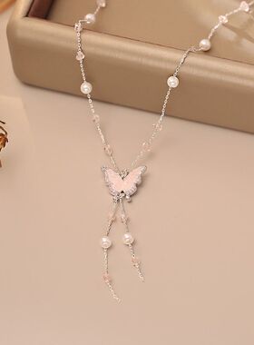 超仙气粉色冰晶蝴蝶项链清新甜美