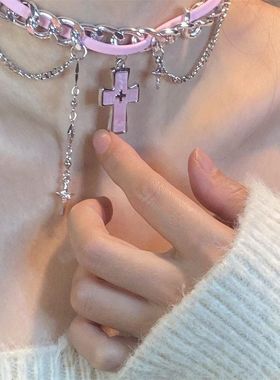 嘻哈辣妹皮质缠绕镶钻十字架吊