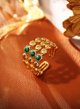 铜镀真金孔雀石戒指欧美异域风情
