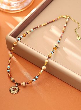 美拉德风天然石太阳花吊坠项链