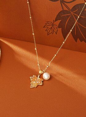 爆款渐变枫叶珍珠项链复古美拉德