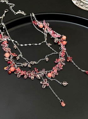 潮流精致粉色串珠叠戴流苏项链
