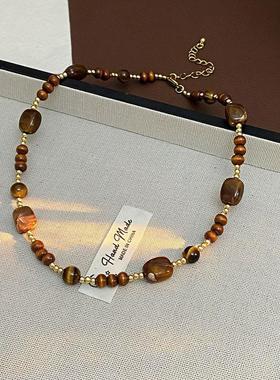 秋冬复古美拉德虎眼石项链新款