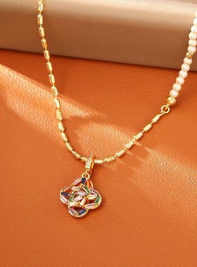 爆款彩色锆石四叶草吊坠项链高级