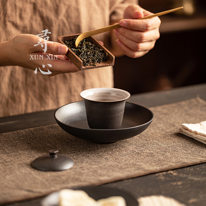 寻心手工粉引二才盖碗陶瓷家用泡茶器防烫小号手抓茶杯泡茶敬茶碗