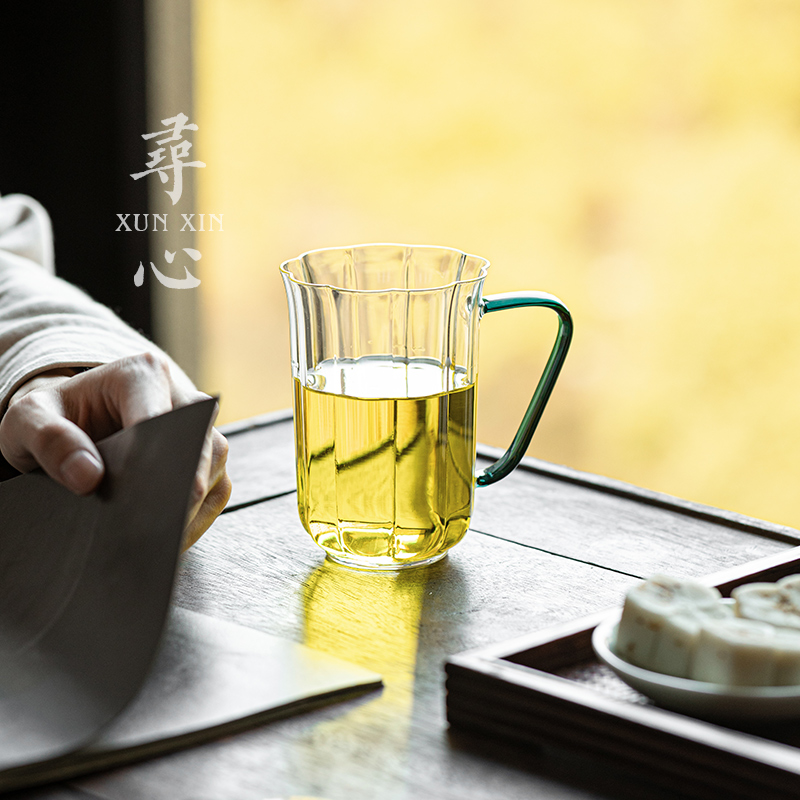 寻心喝茶专用玻璃绿茶杯泡茶水杯女士花茶杯带把手家用耐高温杯子