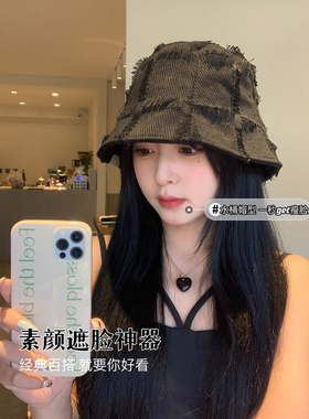日系复古毛边黑色渔夫帽子女春夏新款百搭素颜遮脸显脸小防晒盆帽