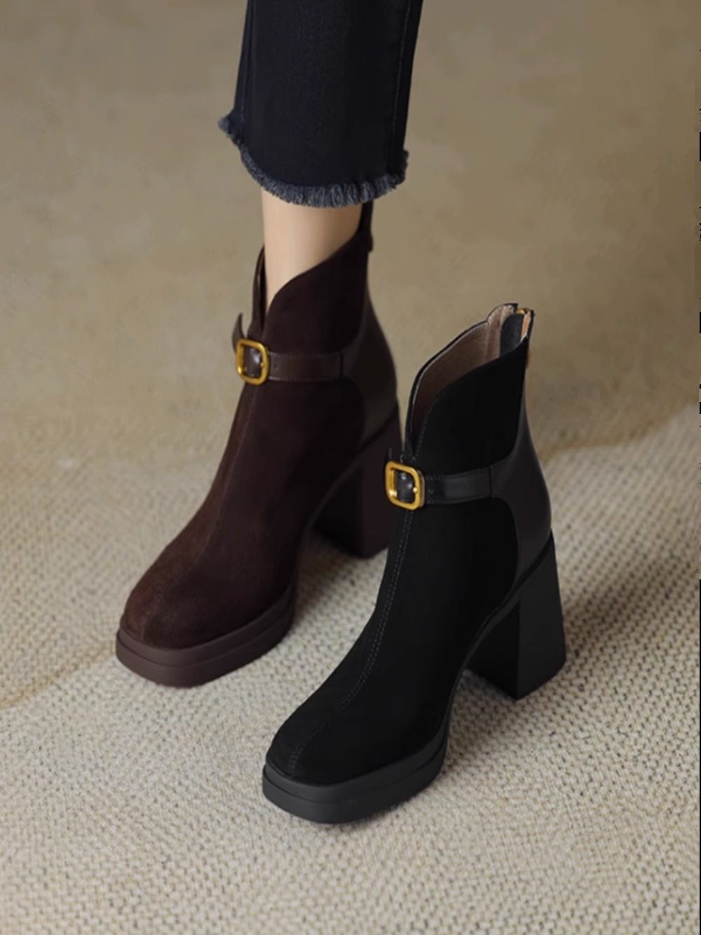 巨舒服真皮厚底粗跟拼接短筒时装靴女秋冬新款后拉链磨砂高跟短靴,淘宝优惠券,粉丝福利购,淘宝优惠卷