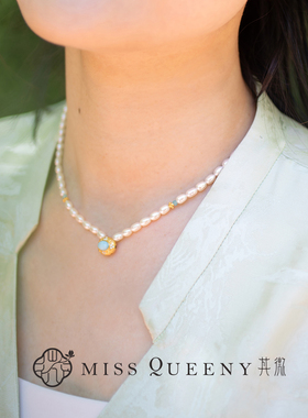 Miss Queeny其微|莫奈花园·淡水米型珍珠项链海纹石纯银夏日清新