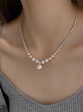 施家正圆珍珠999纯银碎银项链女