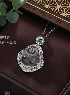 足银水沫玉佛公纯银项链生日礼物
