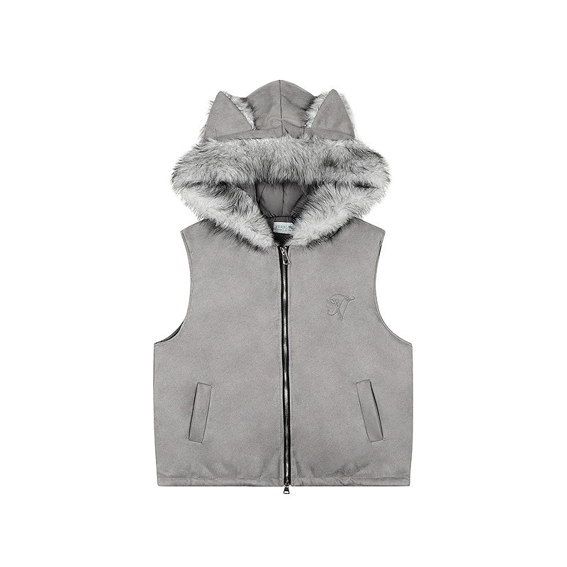 NOONOZ毛绒猫耳朵连帽马甲棉衣男潮牌中性风美式保暖叠穿无袖背心,淘宝优惠券,粉丝福利购,淘宝优惠卷