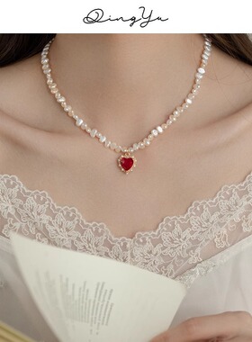 复古法式宫廷少女红宝石水钻包边爱心吊坠珍珠项链小众设计锁骨链