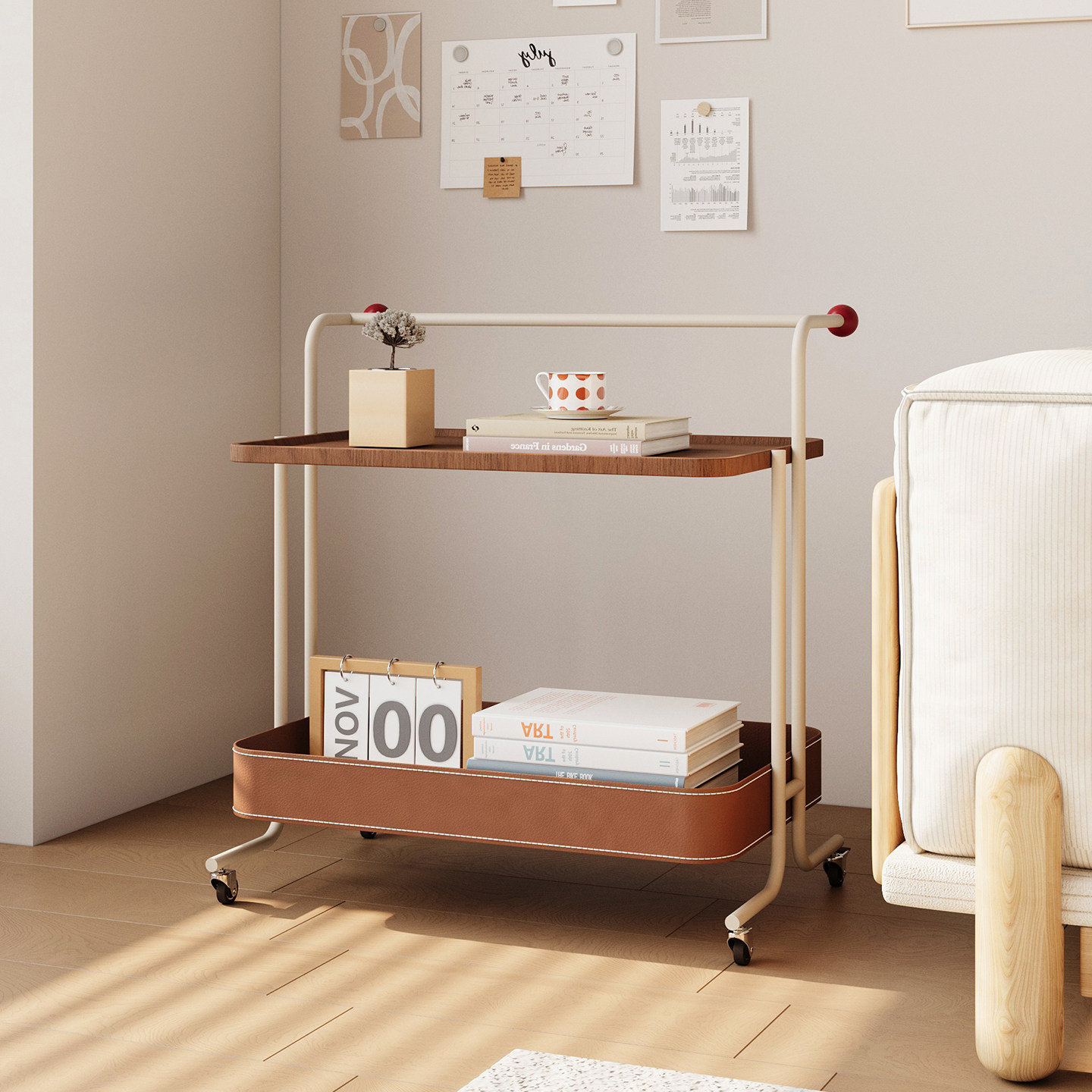 客厅小推车马鞍皮收纳筐可移动落地多层置物架中古风高级沙发边几,淘宝优惠券,粉丝福利购,淘宝优惠卷