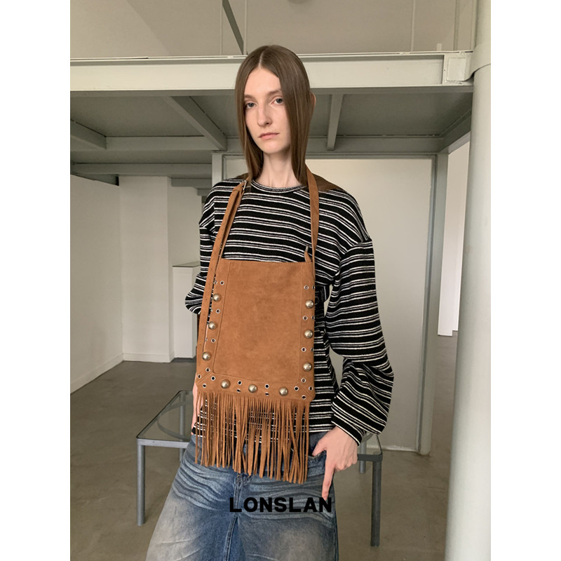 Lonslan BAG 2025 NEW 复古时尚铆钉流苏设计大容量单肩斜挎包,淘宝优惠券,粉丝福利购,淘宝优惠卷