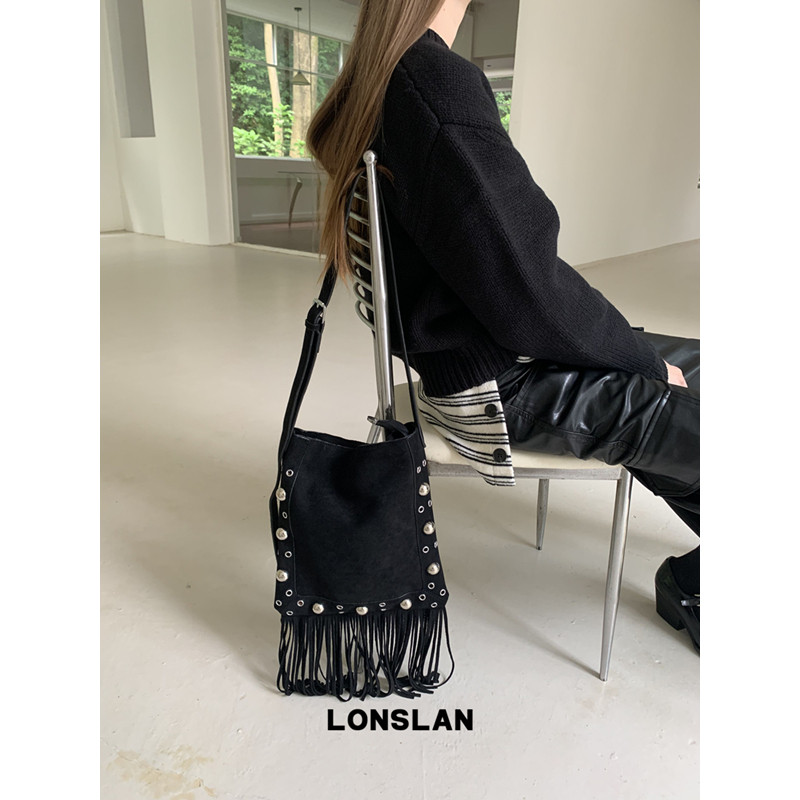 Lonslan BAG 2025 NEW 复古时尚铆钉流苏设计大容量单肩斜挎包,淘宝优惠券,粉丝福利购,淘宝优惠卷