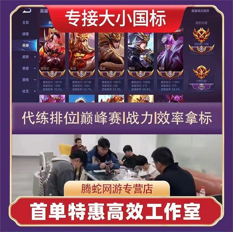 王者荣耀代练打大小国服省金标巅峰赛工作室排位上分战力魔方带玩