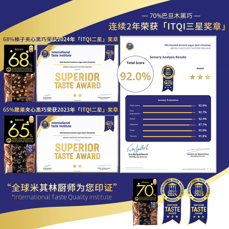 BENNS贝纳丝坚果黑巧克力70%马来西亚进口纯可可脂休闲果仁138g - 图3