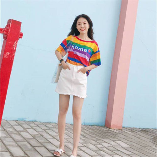 彩虹条纹短袖t恤女2024夏季新款妈妈装宽松休闲半袖体恤百搭上衣 - 图3