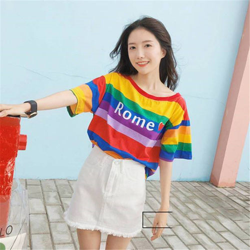 彩虹条纹短袖t恤女2024夏季新款妈妈装宽松休闲半袖体恤百搭上衣 - 图0