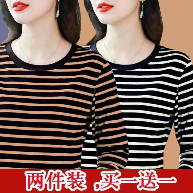 The new round neck middle -aged mother in the fall of 2024 is loose in the bottom shirt women's T -shirt, long -sleeved stripe top