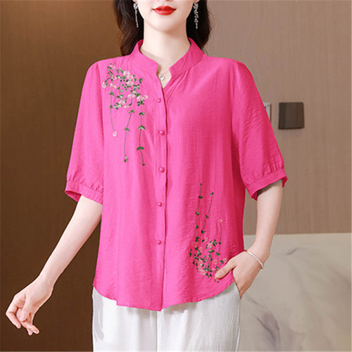 中年妈妈春夏装新款绣花棉麻衬衫女时尚V领小衫宽松遮肚短袖上衣 - 图3