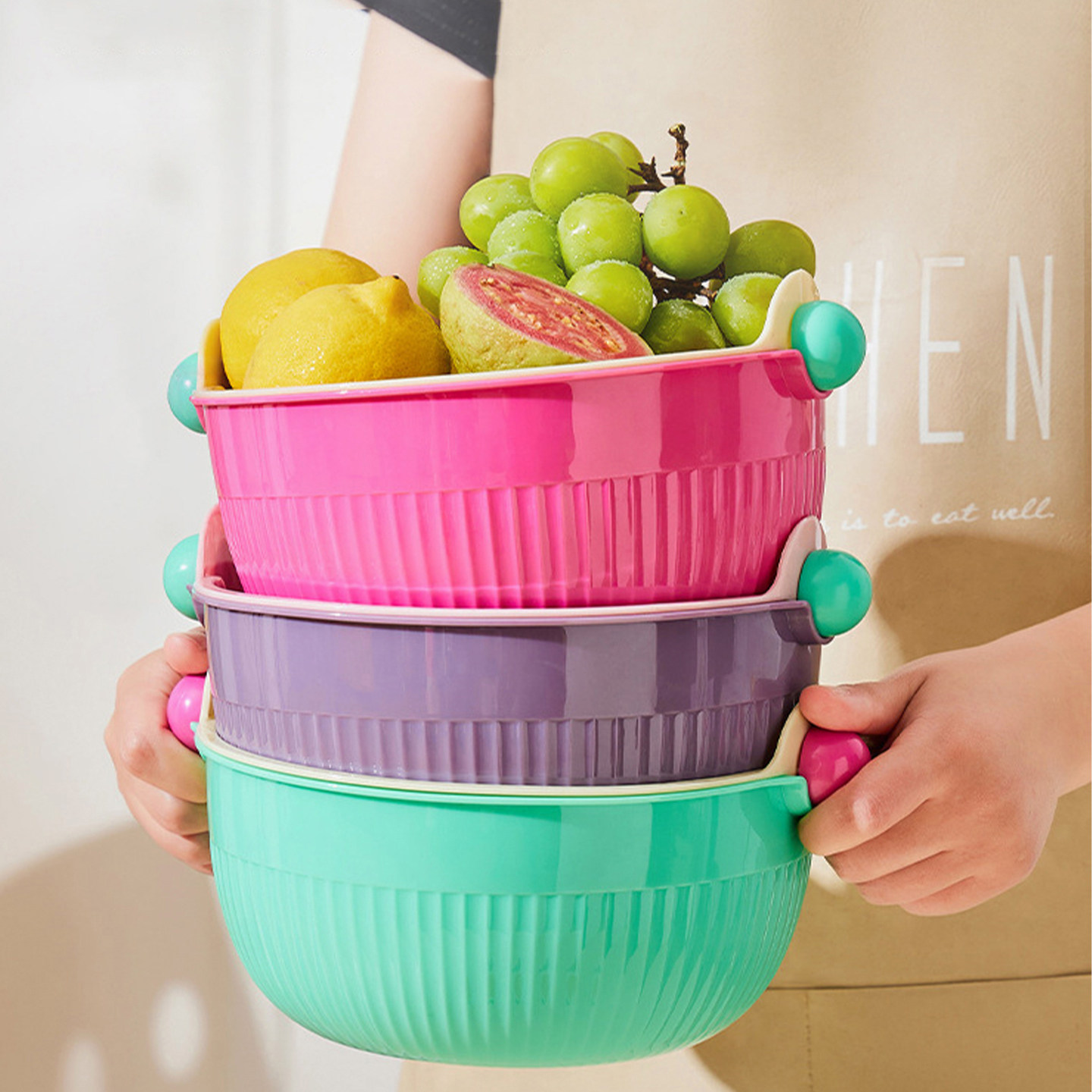 Auramoon.玖悦.双层洗菜沥水篮多巴胺圆球滤水果盘淘米篮 | 像片,淘宝优惠券,粉丝福利购,淘宝优惠卷